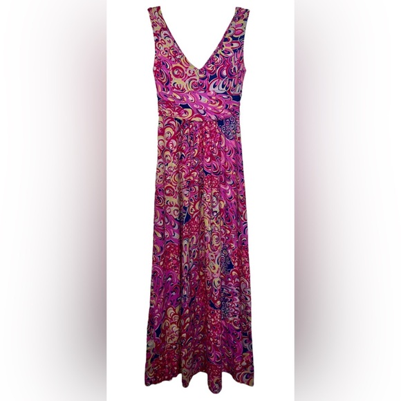 Lilly Pulitzer Sloane Pink Iris Blue Lillys Lagoon V-Neck Maxi Dress XS Flaw - Picture 2 of 5